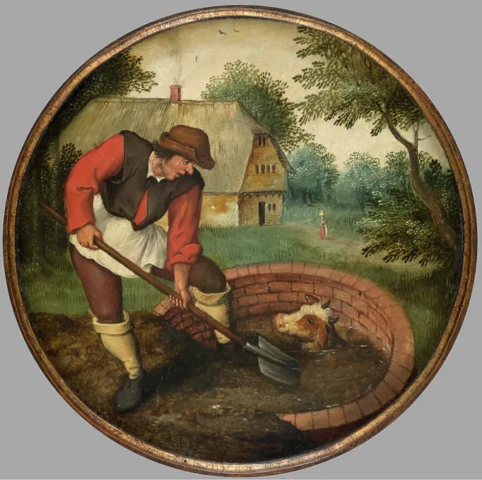 Framed Print : It is too Late to Fill in the Well After the Calf has Drowned, c1590s. Creator: Pieter Brueghel the Younger Framed Print : It is too Late to Fill in the Well After the Calf has Drowned, c1590s. Creator: Pieter Brueghel the Younger