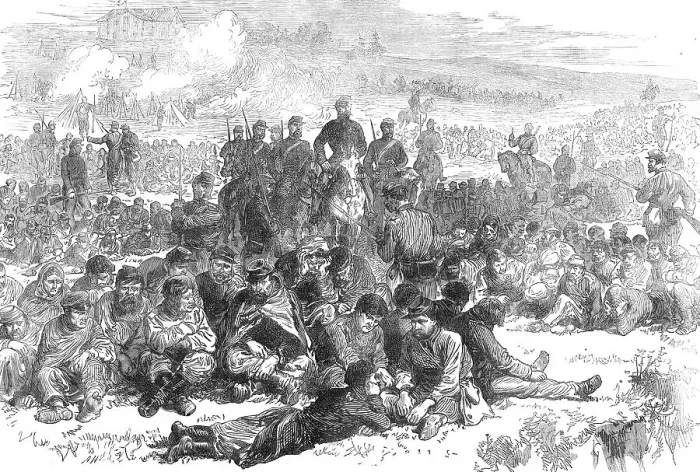 Framed Print : The Late Events in Paris: captive insurgents of Belleville guarded in the Parc des Buttes... 1871. Creator: Unknown Framed Print : The Late Events in Paris: captive insurgents of Belleville guarded in the Parc des Buttes... 1871. Creator: Unknown