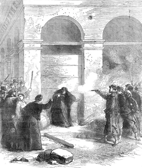 Framed Print : The Late Events in Paris: a woman shot at the Louvre for spreading petroleum, 1871. Creator: Unknown Framed Print : The Late Events in Paris: a woman shot at the Louvre for spreading petroleum, 1871. Creator: Unknown