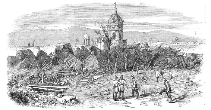 Framed Print : The Late Explosion at Mayence - St. Stephen's Church from the Site of the Powder Magazine, 1857. Creator: Richard Principal Leitch Framed Print : The Late Explosion at Mayence - St. Stephen's Church from the Site of the Powder Magazine, 1857. Creator: Richard Principal Leitch