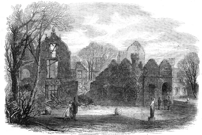 Framed Print : The late fire at Campden House: view of the garden front, showing the remains of the theatre, 1862. Creator: Horace Harral Framed Print : The late fire at Campden House: view of the garden front, showing the remains of the theatre, 1862. Creator: Horace Harral