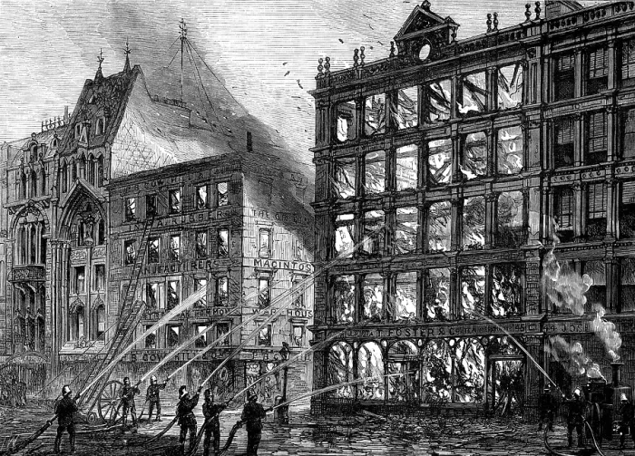 Framed Print : The late fire at the corner of Bread-Street, Cheapside, 1881. Creator: Unknown Framed Print : The late fire at the corner of Bread-Street, Cheapside, 1881. Creator: Unknown