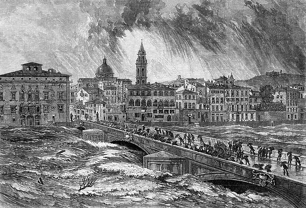 The late flood of the Arno at Florence – from a sketch by E. W. Cooke, R.A., 1864. Creator: Mason Jackson