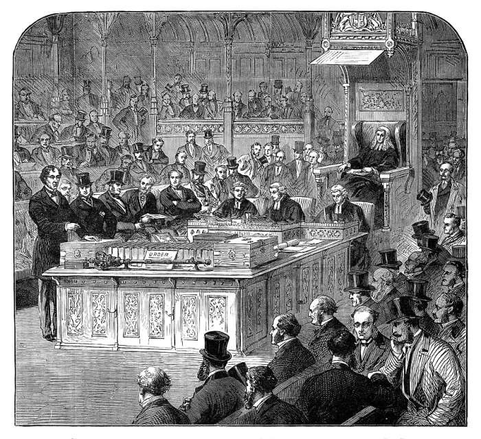 Framed Print : The late Lord Beaconsfield: Mr. Disraeli addressing the House of Commons as Chancellor, 1867, (1881) Creator: Unknown