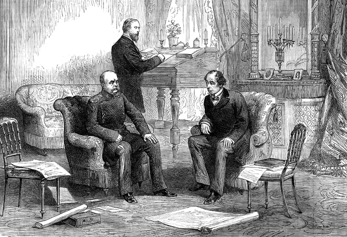 Framed Print : The late Lord Beaconsfield: visit of Prince Bismarck to Lord Beaconsfield at Berlin, 1878, (1881). Creator: Unknown
