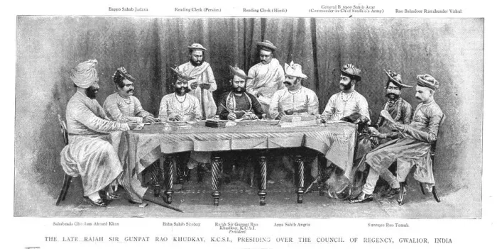 Framed Print : The Late Rajah Sir Gunpat Rao Khudkay K. C. S. I. Presiding over the Council of Regency, Gwalior, In Creator: Unknown Framed Print : The Late Rajah Sir Gunpat Rao Khudkay K. C. S. I. Presiding over the Council of Regency, Gwalior, In Creator: Unknown
