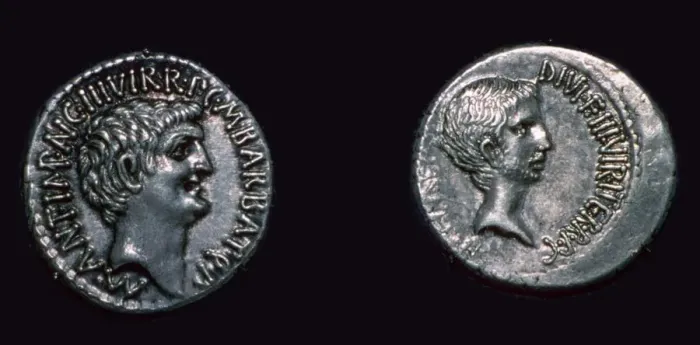 Framed Print : Late republican denarii with Mark Antony and Augustus Caesar, 1st century BC Framed Print : Late republican denarii with Mark Antony and Augustus Caesar, 1st century BC