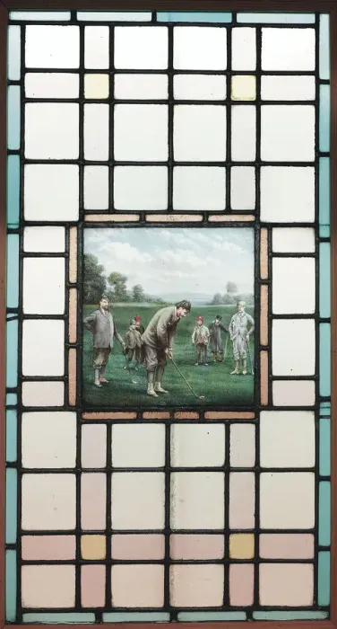 Framed Print : A Late Victorian Leaded Glass Window With The Golfers, c. 1890. Artist: Brock, Charles Edmund (1870-1938) Framed Print : A Late Victorian Leaded Glass Window With The Golfers, c. 1890. Artist: Brock, Charles Edmund (1870-1938)
