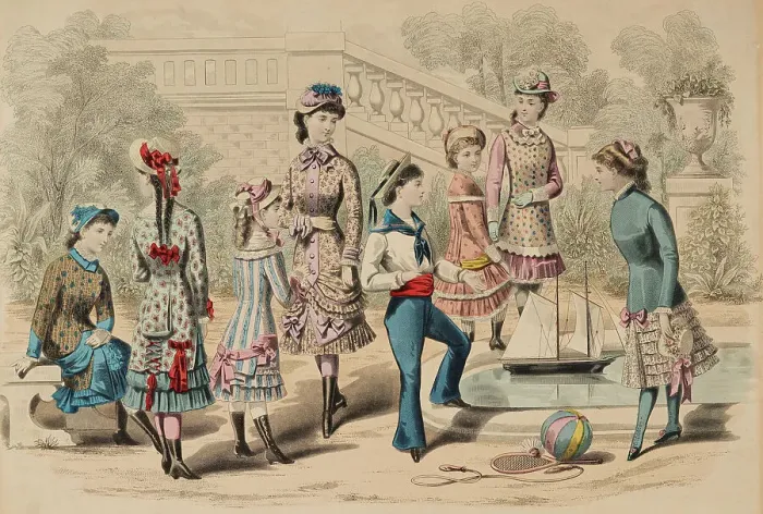 Framed Print : Latest Paris Fashions and Childrens Fancy Costumes, 1880. Creator: Unknown Framed Print : Latest Paris Fashions and Childrens Fancy Costumes, 1880. Creator: Unknown