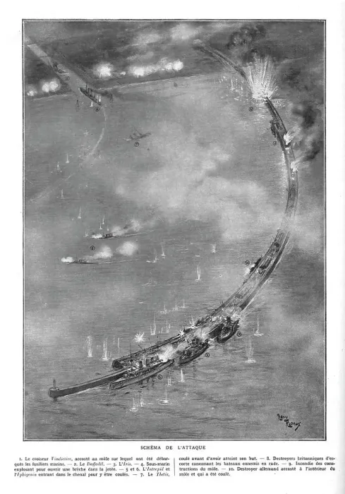 Framed Print : L'attaque navale de Zeebrugge et Ostende; A Zeebrugge: Schema de l'attaque, 1918. Creator: Unknown Framed Print : L'attaque navale de Zeebrugge et Ostende; A Zeebrugge: Schema de l'attaque, 1918. Creator: Unknown