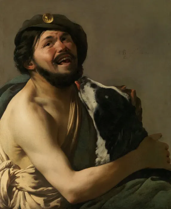 Framed Print : A Laughing Bravo with his Dog (Diogenes?), 1628. Creator: Terbrugghen, Hendrick Jansz (1588-1629) Framed Print : A Laughing Bravo with his Dog (Diogenes?), 1628. Creator: Terbrugghen, Hendrick Jansz (1588-1629)