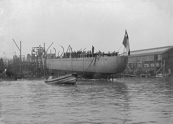 The launch of Almirante Simpson at J. Samuel White shipyard, Cowes, 26th February 1914