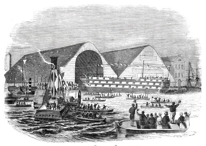 Framed Print : Launch of the Boscawen'at Woolwich, 1844. Creator: Unknown Framed Print : Launch of the Boscawen'at Woolwich, 1844. Creator: Unknown
