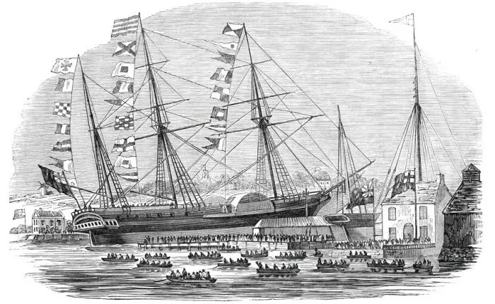 Framed Print : Launch of The Braganza'steamer at Cowes, 1844. Creator: Unknown Framed Print : Launch of The Braganza'steamer at Cowes, 1844. Creator: Unknown