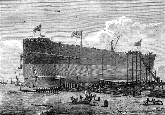 Framed Print : Launch of the Faraday, telegraph cable ship, 1874. Creator: Josiah Robert Wells Framed Print : Launch of the Faraday, telegraph cable ship, 1874. Creator: Josiah Robert Wells