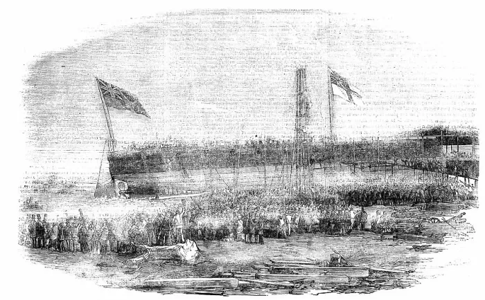 Framed Print : Launch of the Floating Battery Thunderbolt at Millwall, 1856. Creator: Unknown. Launch of the Floating Battery Thunderbolt at Millwall, 1856. Creator: Unknown Framed Print : Launch of the Floating Battery Thunderbolt at Millwall, 1856. Creator: Unknown. Launch of the Floating Battery Thunderbolt at Millwall, 1856. Creator: Unknown