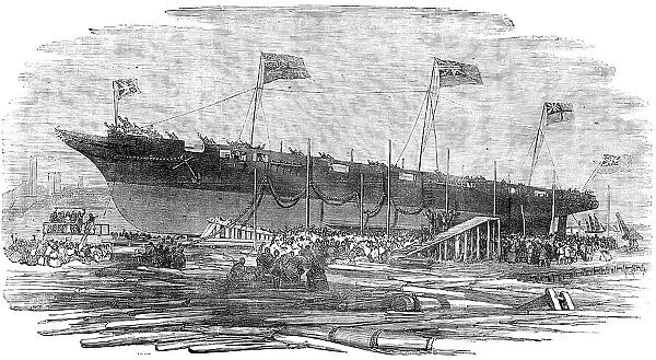 Launch of H.M. Dispatch Gun-Boat 'Vigilant', at Messrs. Mare and Co.'s, Blackwall, 1856. Creator: Unknown. Launch of H.M. Dispatch Gun-Boat 'Vigilant', at Messrs. Mare and Co.'s, Blackwall, 1856. Creator: Unknown