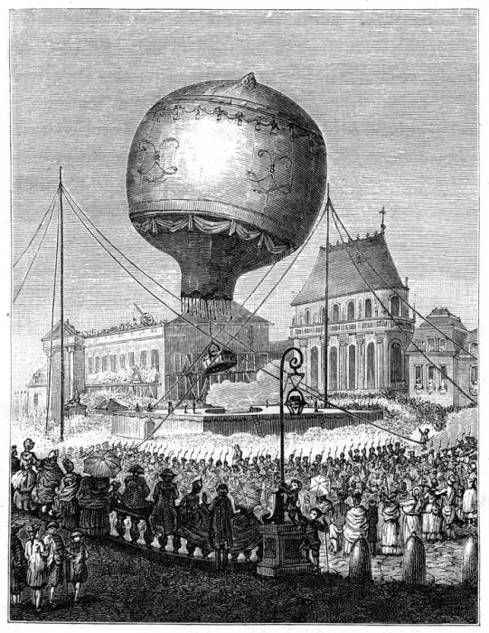Framed Print : Launch of a hot air balloon, late 18th century, (1885) Framed Print : Launch of a hot air balloon, late 18th century, (1885)