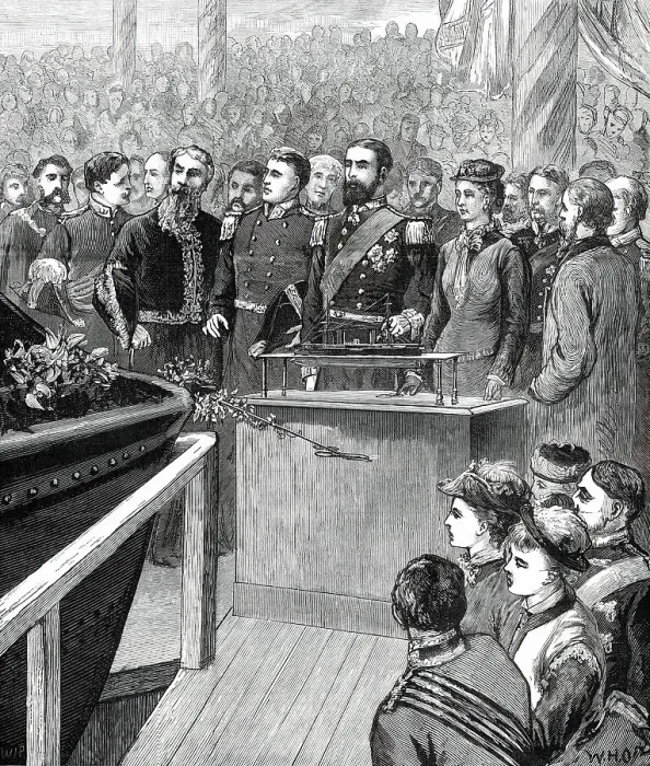 Framed Print : Launch of the Inflexible at Portsmouth...Princess Louise Starting the Ship by Electricity...1876. Creator: W. H. O Framed Print : Launch of the Inflexible at Portsmouth...Princess Louise Starting the Ship by Electricity...1876. Creator: W. H. O