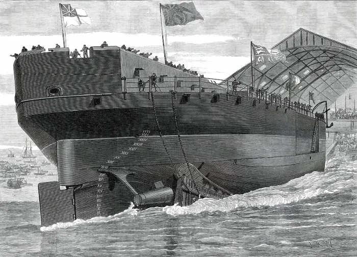 Framed Print : Launch of the Inflexible at Portsmouth Dockyard: stern view of the ship, 1876. Creator: Josiah Robert Wells Framed Print : Launch of the Inflexible at Portsmouth Dockyard: stern view of the ship, 1876. Creator: Josiah Robert Wells