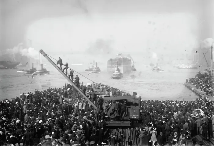 Framed Print : Launch of NEW YORK (reversed), 1912. Creator: Bain News Service