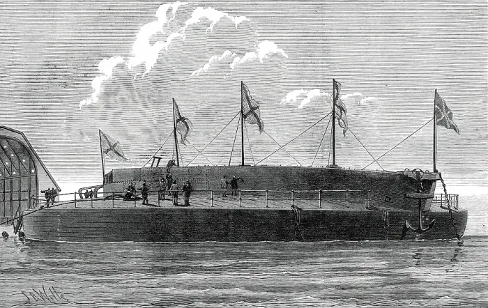 Framed Print : Launch of the Russian circular ironclad Admiral Popoff, 1876. Creator: Josiah Robert Wells Framed Print : Launch of the Russian circular ironclad Admiral Popoff, 1876. Creator: Josiah Robert Wells