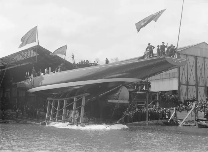 Framed Print : The launch of Shamrock IV at Gosport, May 1914. Creator: Kirk & Sons of Cowes Framed Print : The launch of Shamrock IV at Gosport, May 1914. Creator: Kirk & Sons of Cowes