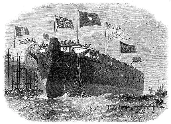 Launch of the Turkish iron-clad frigate Sultan Mahmoud, at the Thames Ironworks, Blackwall, 1864. Creator: Smyth