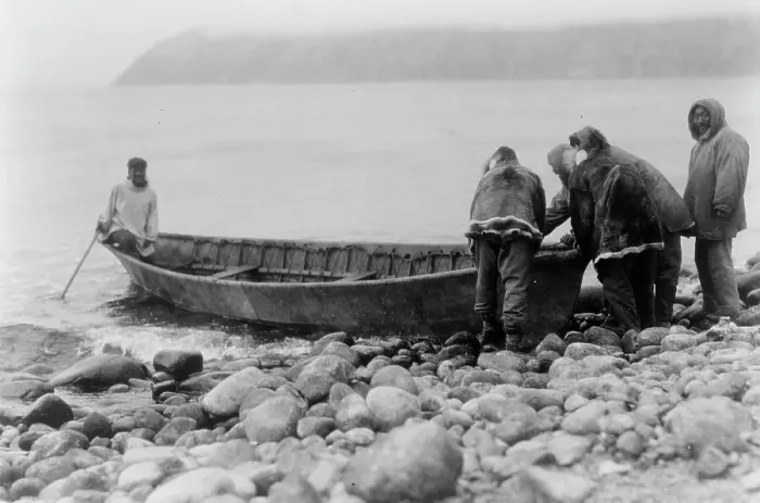 Framed Print : Launching the boat-Little Diomede Island, c1928. Creator: Edward Sheriff Curtis Framed Print : Launching the boat-Little Diomede Island, c1928. Creator: Edward Sheriff Curtis