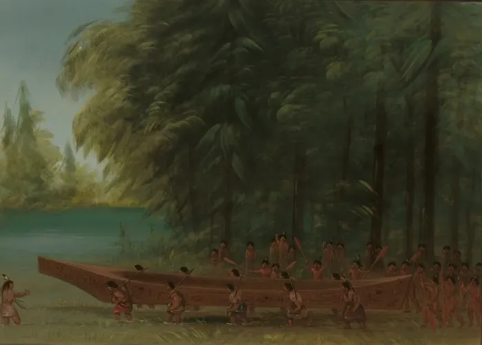 Framed Print : Launching a Canoe - Nayas Indians, 1855 / 1869. Creator: George Catlin Framed Print : Launching a Canoe - Nayas Indians, 1855 / 1869. Creator: George Catlin