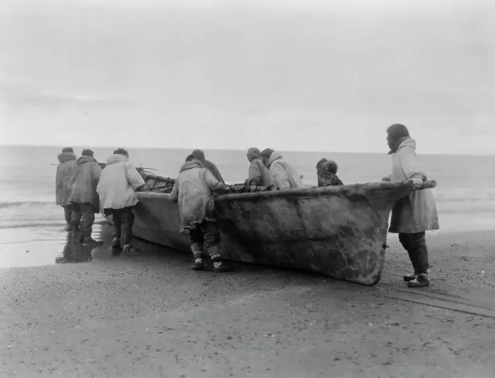 Framed Print : Launching the whale boat-Cape Prince of Wales, c1929. Creator: Edward Sheriff Curtis Framed Print : Launching the whale boat-Cape Prince of Wales, c1929. Creator: Edward Sheriff Curtis