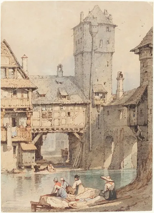 Framed Print : Laundresses before the Wasserturm, Nuremberg. Creator: Samuel Prout Framed Print : Laundresses before the Wasserturm, Nuremberg. Creator: Samuel Prout