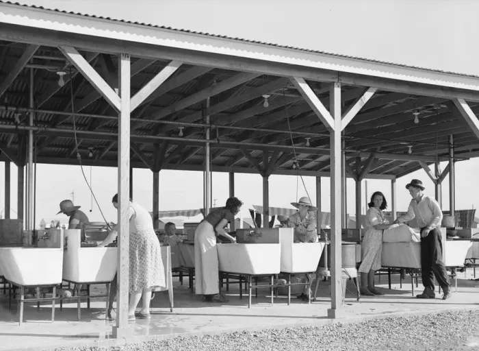 Framed Print : Laundry facilities in FSA camp for migrant labor, Westley, California, 1939. Creator: Dorothea Lange Framed Print : Laundry facilities in FSA camp for migrant labor, Westley, California, 1939. Creator: Dorothea Lange