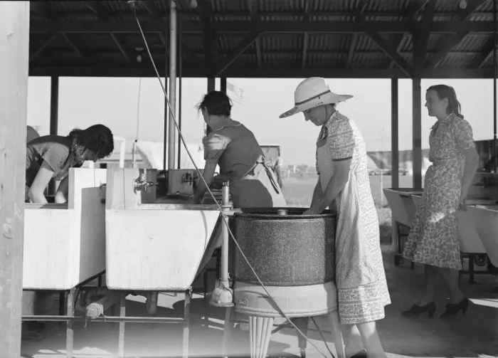 Framed Print : Laundry facilities in FSA migrant labor camp, Westley, California, 1939. Creator: Dorothea Lange Framed Print : Laundry facilities in FSA migrant labor camp, Westley, California, 1939. Creator: Dorothea Lange