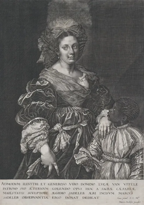 Framed Print : Laura Dianti with a Black Page, 1600-1627. Creator: Aegidius Sadeler II Framed Print : Laura Dianti with a Black Page, 1600-1627. Creator: Aegidius Sadeler II