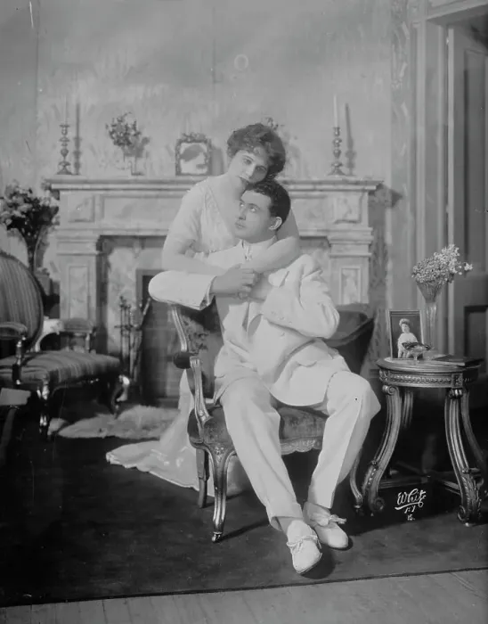 Framed Print : Laura Hall and Orrin Johnson embracing, scene form Children of Destiny, White Photo, 1910. Creator: Bain News Service Framed Print : Laura Hall and Orrin Johnson embracing, scene form Children of Destiny, White Photo, 1910. Creator: Bain News Service