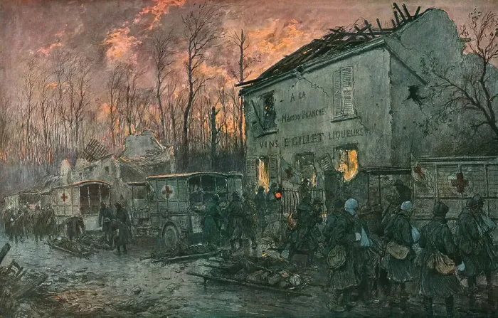 Framed Print : L'automobile pendant la guerre. Enlevement des blesses dans un poste de secours, 1918. Creator: Georges Bertin Scott Framed Print : L'automobile pendant la guerre. Enlevement des blesses dans un poste de secours, 1918. Creator: Georges Bertin Scott