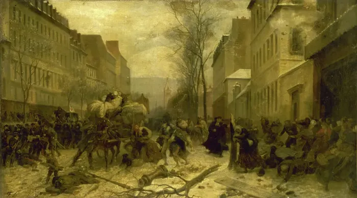 Framed Print : l'Avenue d'Orléans, durant les bombardements de Paris par les armées prussiennes, en janvier 1871... Creator: Felix Henri Emmanuel Philippoteaux Framed Print : l'Avenue d'Orléans, durant les bombardements de Paris par les armées prussiennes, en janvier 1871... Creator: Felix Henri Emmanuel Philippoteaux