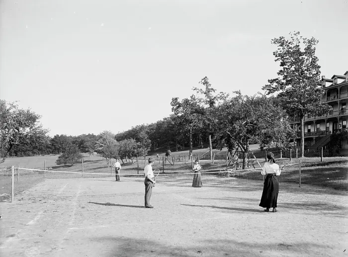 Framed Print : Lawn tennis courts, Pocono Mountain House, Mt. Pocono, Pa. c1905. Creator: Unknown Framed Print : Lawn tennis courts, Pocono Mountain House, Mt. Pocono, Pa. c1905. Creator: Unknown