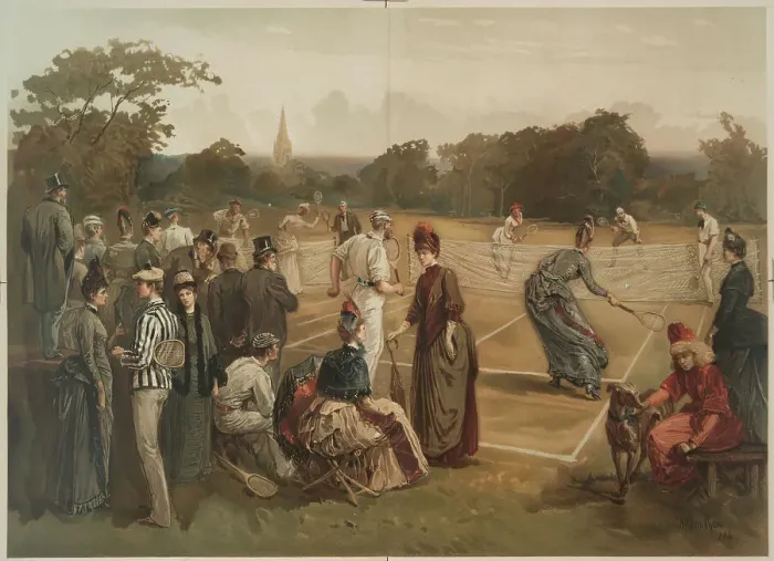 Framed Print : Lawn Tennis (Rasentennis), c.1880. Creator: Sandham, Henry (1842-1910)