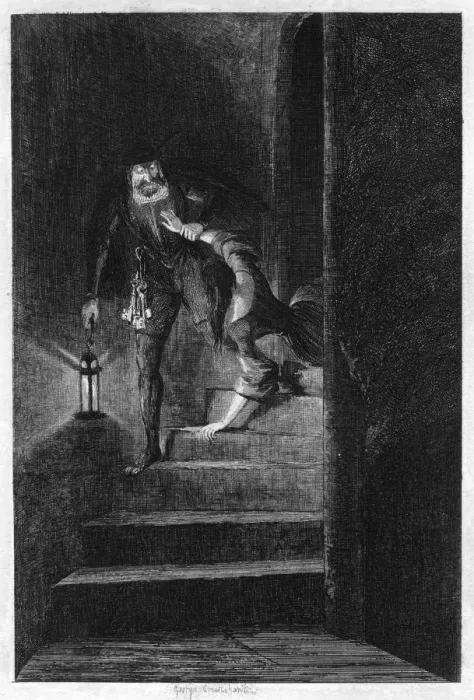 Framed Print : Lawrence Nightgall dragging Cicely down the secret stairs in the Salt Tower, 1840. Artist: George Cruikshank Framed Print : Lawrence Nightgall dragging Cicely down the secret stairs in the Salt Tower, 1840. Artist: George Cruikshank
