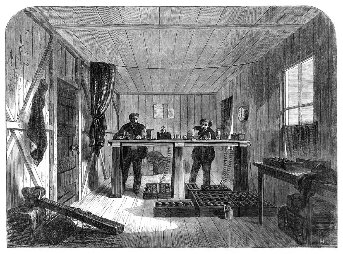 Framed Print : Laying of the Atlantic Telegraph Cable: receiving messages from the Great Eastern...Valencia, 1865. Creator: Unknown Framed Print : Laying of the Atlantic Telegraph Cable: receiving messages from the Great Eastern...Valencia, 1865. Creator: Unknown