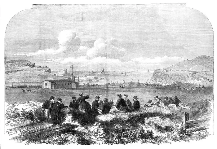 Framed Print : Laying of the Atlantic Telegraph Cable: watching the Caroline going out to sea... 1865. Creator: Unknown Framed Print : Laying of the Atlantic Telegraph Cable: watching the Caroline going out to sea... 1865. Creator: Unknown