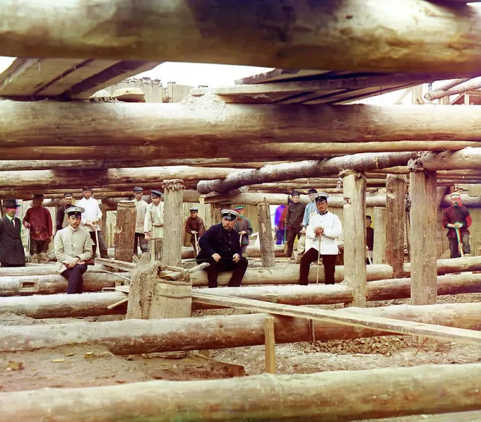 Framed Print : Laying concrete for the dam's sluice, Beloomut, 1912. Creator: Sergey Mikhaylovich Prokudin-Gorsky Framed Print : Laying concrete for the dam's sluice, Beloomut, 1912. Creator: Sergey Mikhaylovich Prokudin-Gorsky
