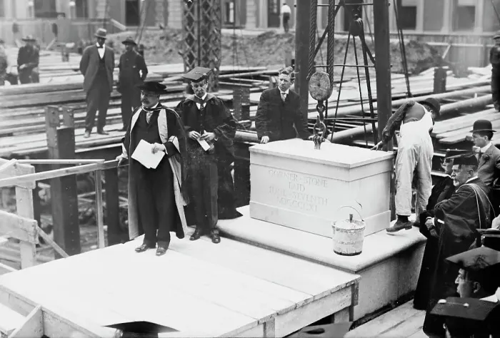 Framed Print : Laying cornor [i.e. corner] stone, Columbia. Pres. Butler & Dean Wheeler, 1911. Creator: Bain News Service