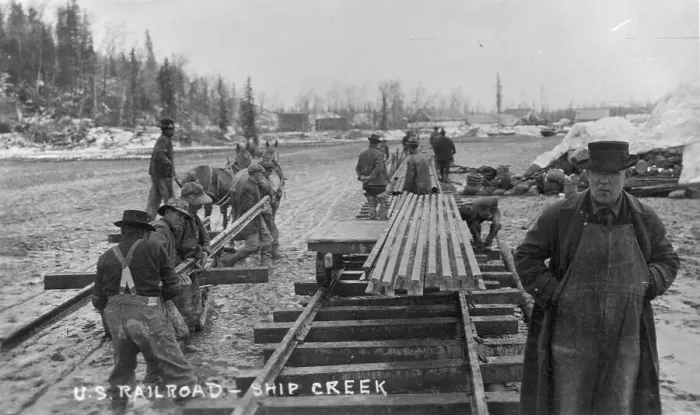Framed Print : Laying first rails of new U.S. railroad at Ship Creek, between c1900 and c1930. Creator: Unknown Framed Print : Laying first rails of new U.S. railroad at Ship Creek, between c1900 and c1930. Creator: Unknown