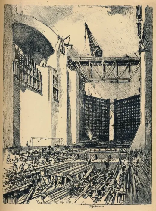 Framed Print : Laying The Floor of Pedro Miguel Lock, 1912. Artist: Joseph Pennell