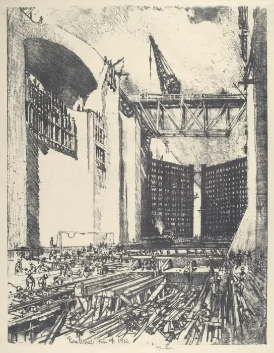 Framed Print : Laying the Floor of Pedro Muguel Lock, 1912. Creator: Joseph Pennell Framed Print : Laying the Floor of Pedro Muguel Lock, 1912. Creator: Joseph Pennell