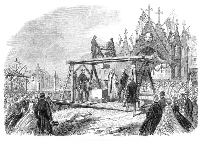 Framed Print : Laying the foundation-stone of an English church at Stutgard, in Wirtemberg, 1864. Creator: Unknown Framed Print : Laying the foundation-stone of an English church at Stutgard, in Wirtemberg, 1864. Creator: Unknown