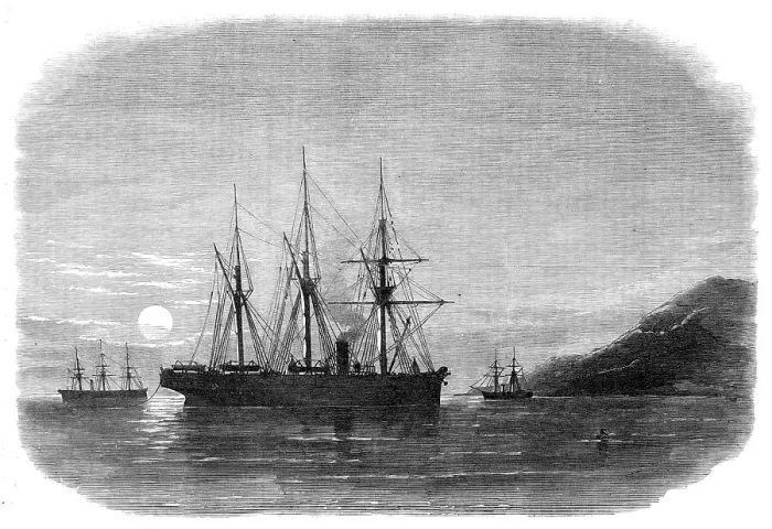 Framed Print : Laying the Submarine Telegraph between Malta and Gibraltar, off the Isle of Pantellaria, 1870. Creator: Unknown Framed Print : Laying the Submarine Telegraph between Malta and Gibraltar, off the Isle of Pantellaria, 1870. Creator: Unknown